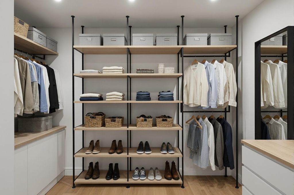 Metalowy regał magazynowy w garderobie – uporządkowane ubrania, buty i akcesoria w domowej przestrzeni