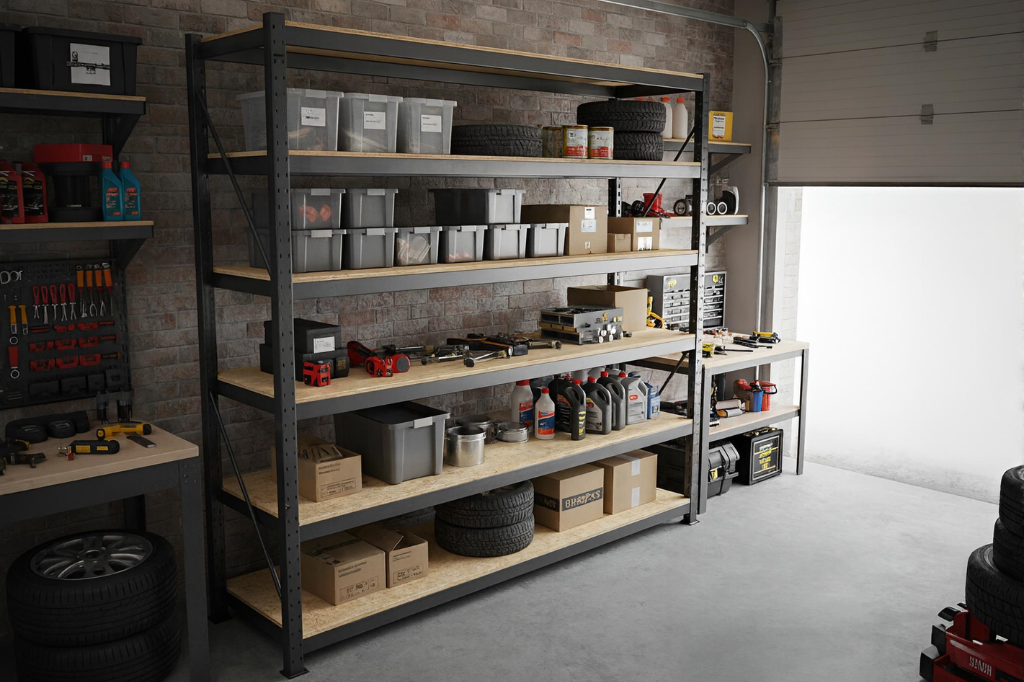 Metalowy regał magazynowy w garażu – narzędzia, pojemniki i akcesoria ułożone na solidnych półkach