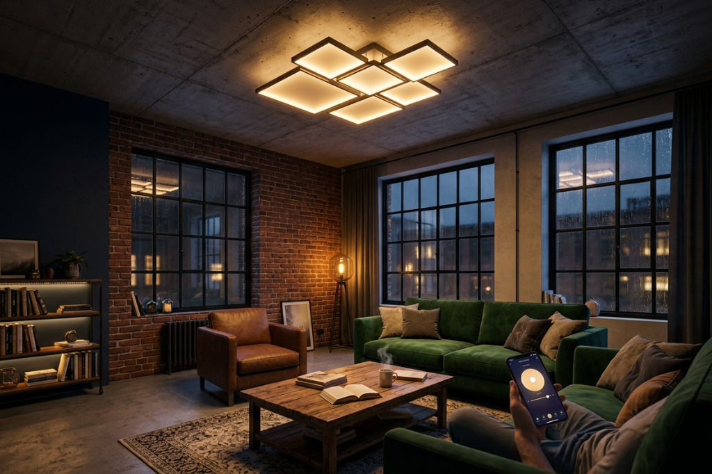 	Nowoczesna lampa sufitowa w stylu loft w salonie z cegłą, industrialnymi oknami i klimatycznym oświetleniem